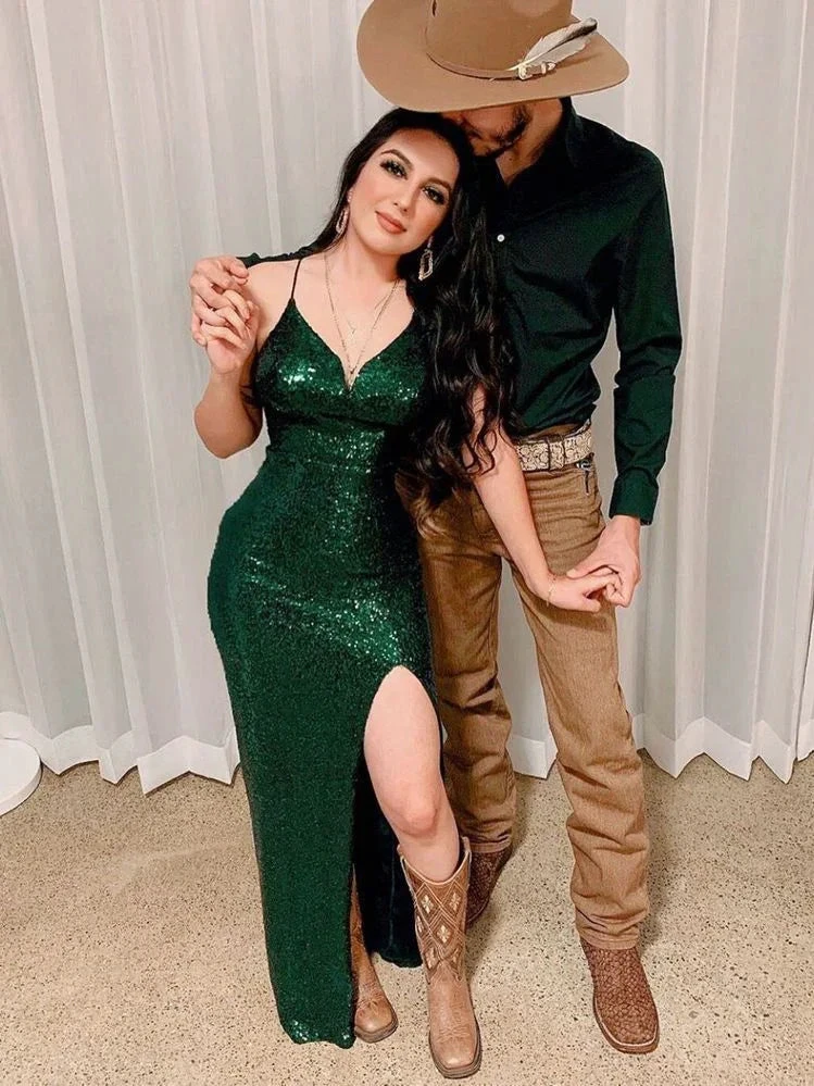 Charming Emerald Green Sequins Evening Dress with Split Y2935 by simplepromdress