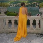 Yellow Satin Backless Off-Shoulder Long Prom Dress Evening Dress Y8466 by simplepromdress