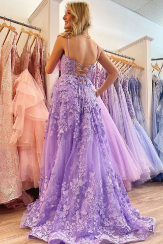 Hübsches lavendelfarbenes A-Linien-Ballkleid mit Spaghettiträgern und 3D-Spitze und floralem Muster, langes Ballkleid, A-Linie, Abendkleid Y7935