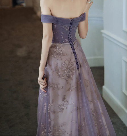 Dreamy Purple Prom Dress off Shoulder Evening Dress Elegant Long Banquet Dress Sleeveless Party Dress Girl Graduation Dress Y4286