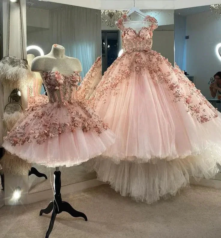 Blush Pink Flowers Applique Ball Gown,A Line Tulle Prom Dresses,Quinceanera Dresses Y388 by simplepromdress