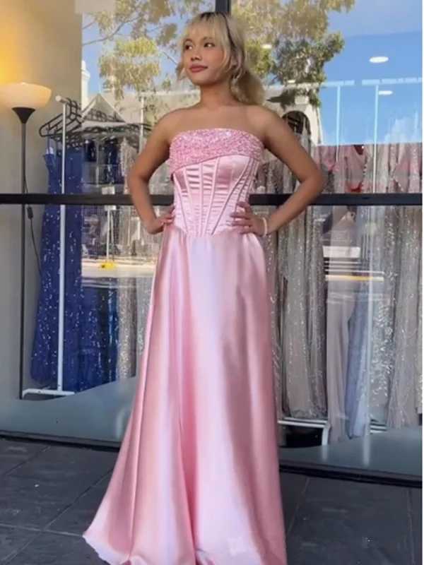 Pink Strapless Beaded Satin Formal Mermaid Prom Evening Dress Y7866 Hover Image