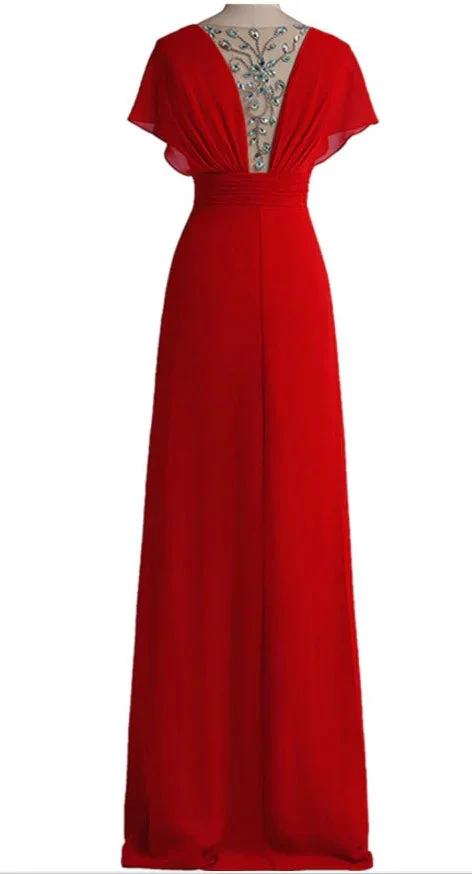 Sexy deep v-neck red evening dress chiffon crystal back formal evening dress gown Y1005 by simplepromdress
