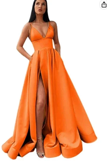 V-Neck Slit Satin Long Prom Dress Spaghetti Strap Evening Ball Gown with Pockets S14431 by simplepromdress