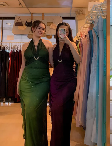 Vestido de fiesta largo de gasa verde degradado con cuello halter y brillo, vestido de noche Y7481