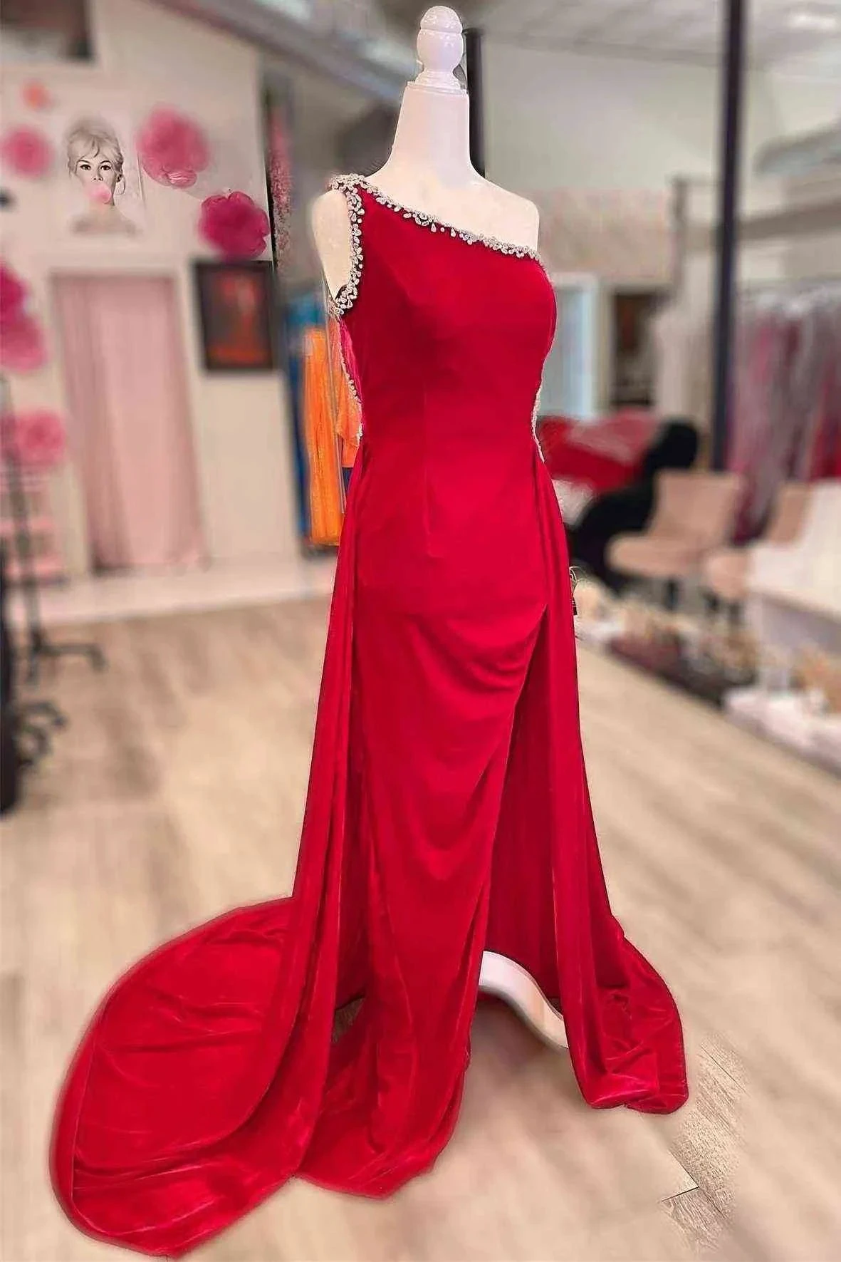Beaded One Shoulder Black Velvet Long Formal Dress,Sexy Evening Dress Y1791 by simplepromdress