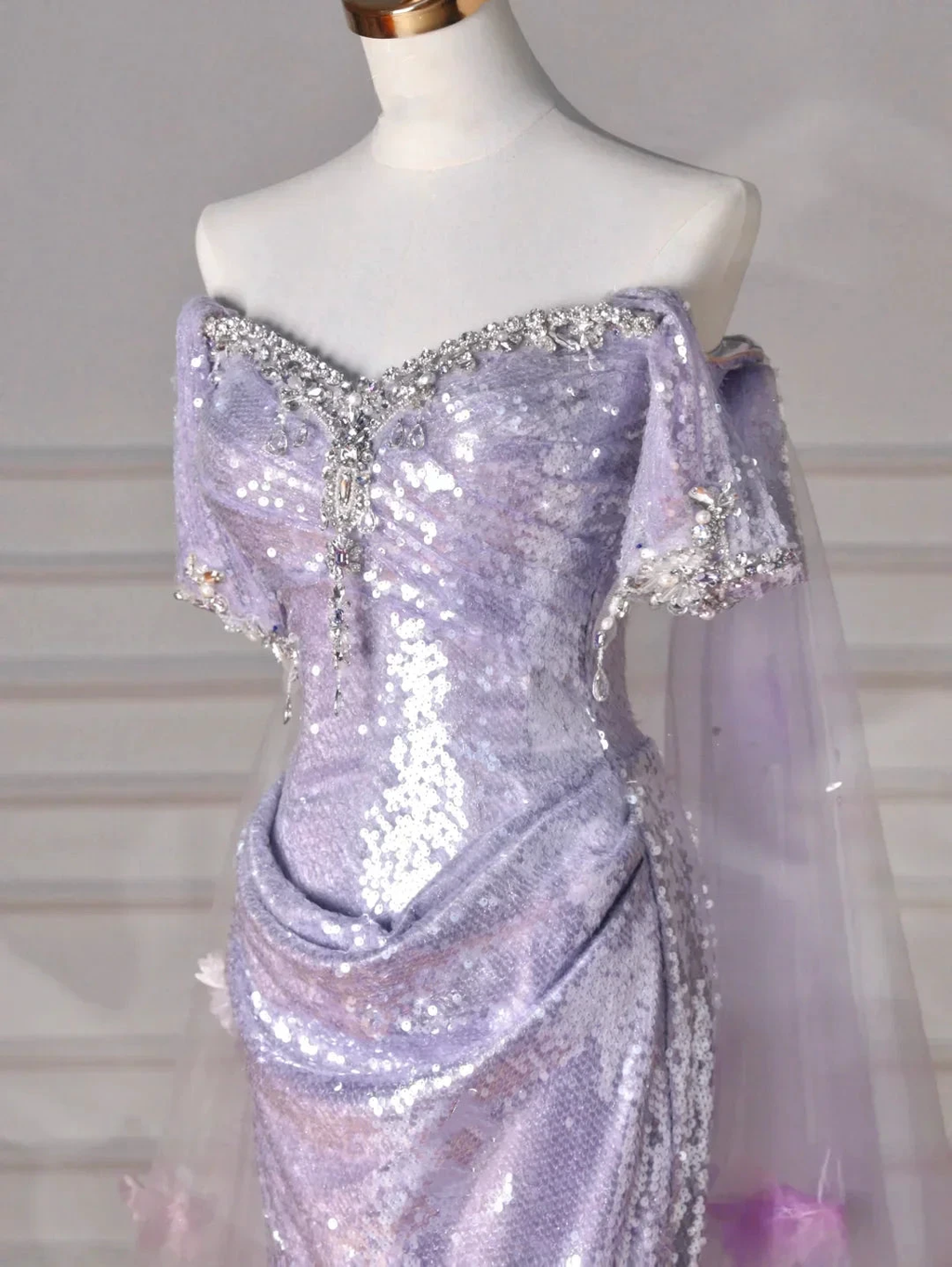 Glitter Lilac Sequin Tulle Beaded Mermaid Slit Evening Dress Off The Shoulder Tulle Appliques Prom Dress Y8632 by simplepromdress