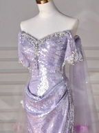 Glitter Lilac Sequin Tulle Beaded Mermaid Slit Evening Dress Off The Shoulder Tulle Appliques Prom Dress Y8632 by simplepromdress