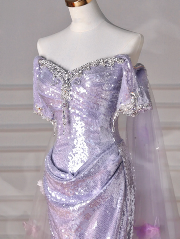 Glitter Lilac Sequin Tulle Beaded Mermaid Slit Evening Dress Off The Shoulder Tulle Appliques Prom Dress Y8632