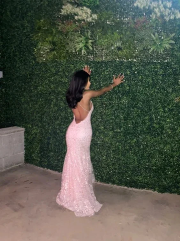 Romantic Pink Backless Sleeveless Lace Mermaid Evening Dresses with Train Y1490 by simplepromdress