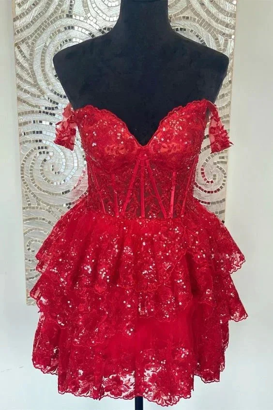 Red Off the Shoulder Sheer Corset Tiered Ruffles Homecoming Dress Y2822 by simplepromdress
