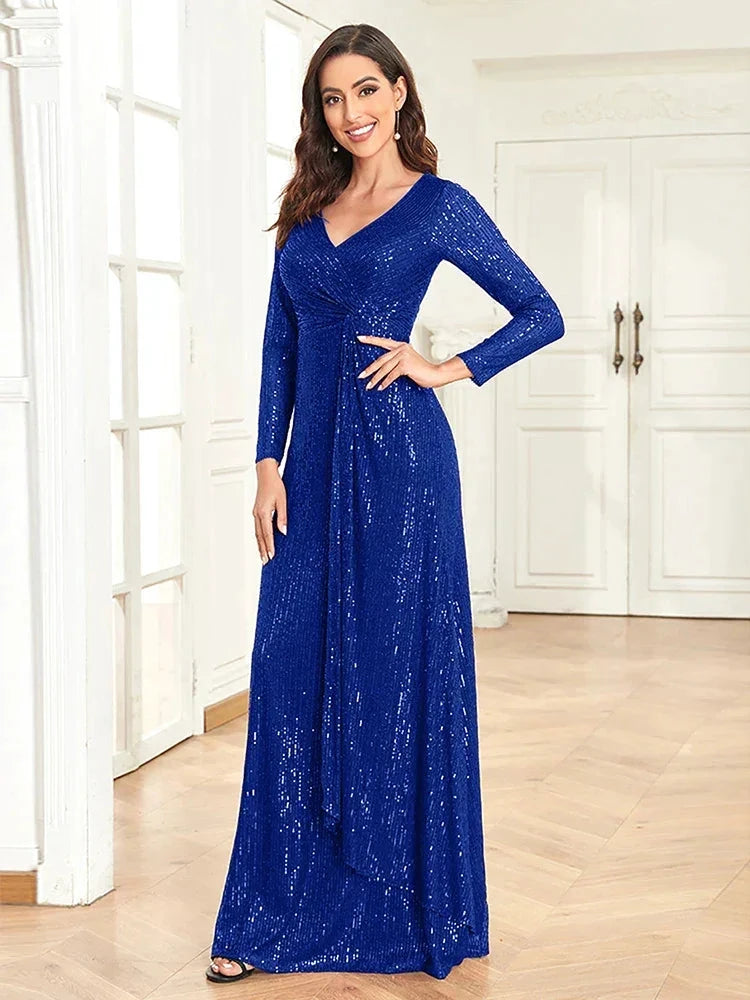 Luxury Long Sleeve V-Neck Evening Dress 2025 Women Wedding Party Sequins For Female Guests Red Prom Cocktail Dresses by Sunnderly