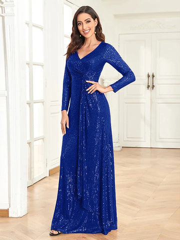 Vestido de noche de lujo con escote en V y manga larga, para mujer, 2025, con lentejuelas para invitadas de boda, color rojo, para graduación y cóctel. 