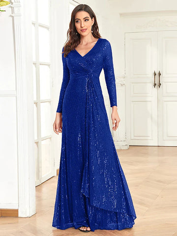 Vestido de noche de lujo con escote en V y manga larga, para mujer, 2025, con lentejuelas para invitadas de boda, color rojo, para graduación y cóctel. 