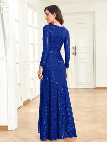 Vestido de noche de lujo con escote en V y manga larga, para mujer, 2025, con lentejuelas para invitadas de boda, color rojo, para graduación y cóctel. 