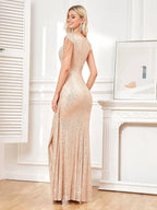 Women Elegant V-Neck Sequins Evening Dress Luxury Slit Beading Formal Maxi Long Prom Cocktail Wedding Party Dress Gowns by Sunnderly