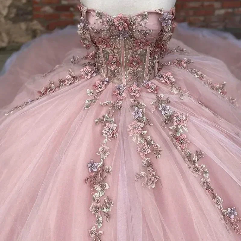 Pink Tulle Floral Appliques Ball Gown Sweet 16 Dress Y527 by simplepromdress