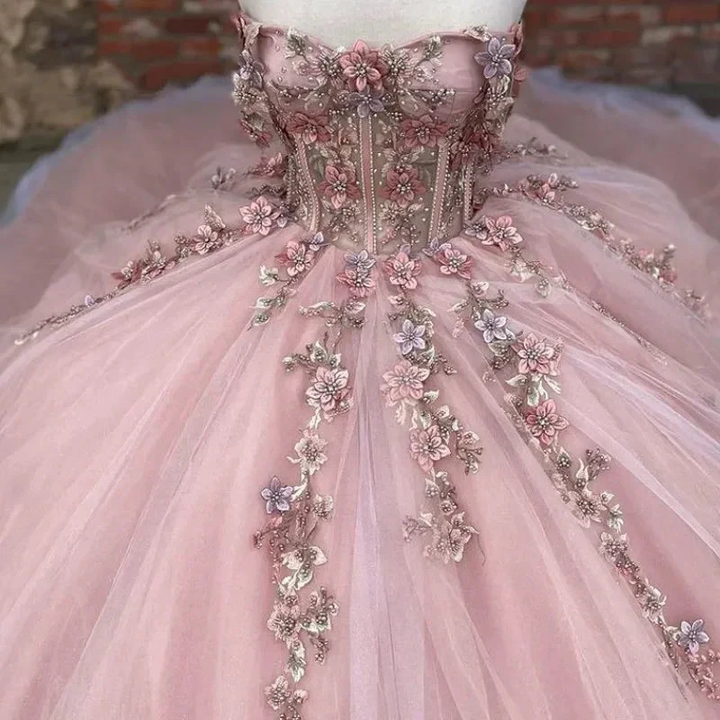 Pink Tulle Floral Appliques Ball Gown Sweet 16 Dress Y527 by simplepromdress