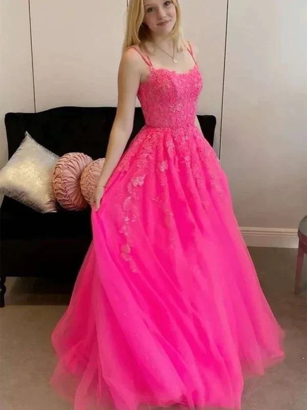 Open Back Hot Pink Tulle Lace Long Prom Dresses, Hot Pink Lace Formal Graduation Evening Dresses Y1585 by simplepromdress