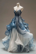 Vintage A Line Tulle Long Prom Dress Blue Strapless Evening Dress Y8522 by simplepromdress