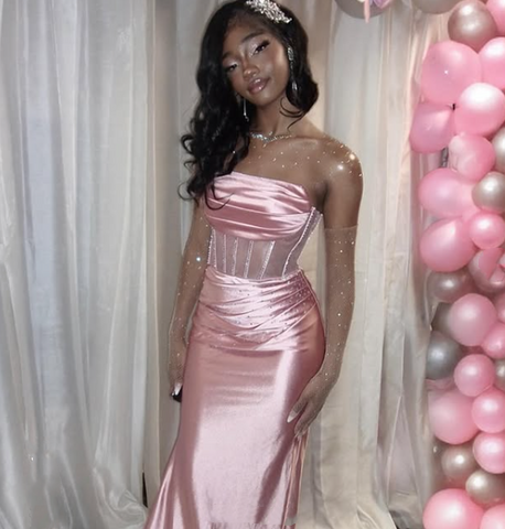 Rosa trägerloses Satin Meerjungfrau Abendkleid Langes Ballkleid Y7721