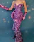 Glitter Hot Pink Sequin Strapless Mermaid Evening Dress Long Prom Dress With Gloves Y8536 by simplepromdress