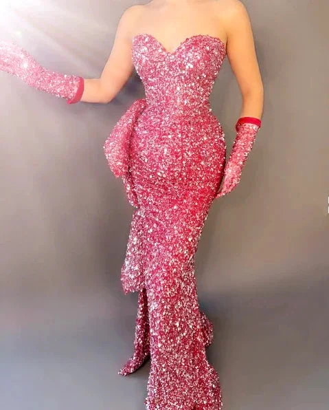Glitter Hot Pink Sequin Strapless Mermaid Evening Dress Long Prom Dress With Gloves Y8536 by simplepromdress