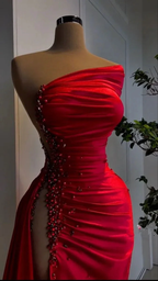 Charming Red Satin Long Evening Dress with High Slit Y4115 by simplepromdress