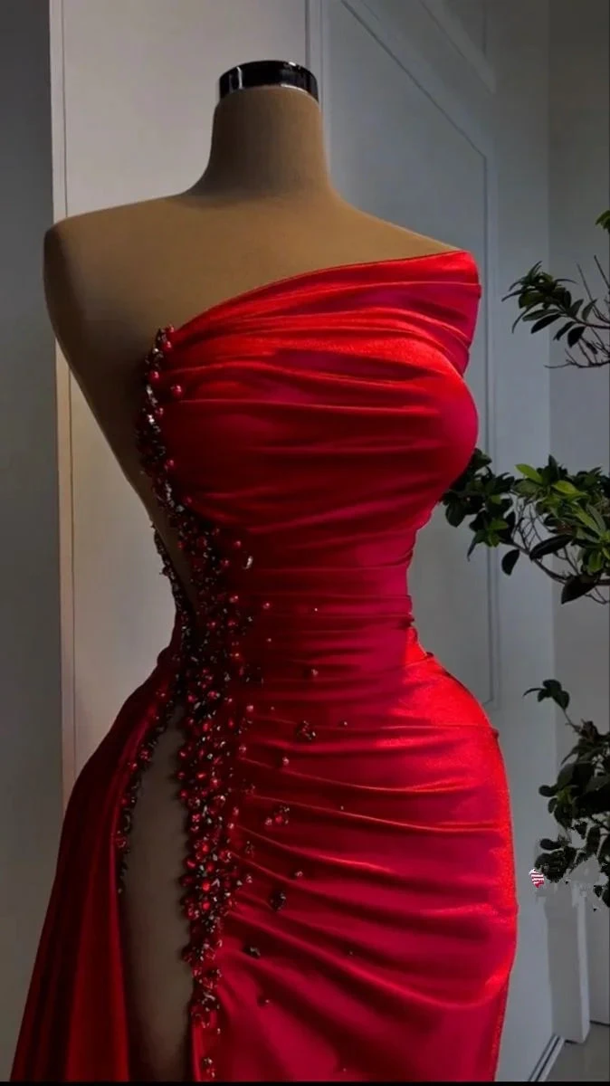 Charming Red Satin Long Evening Dress with High Slit Y4115 by simplepromdress