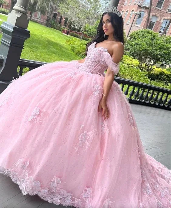 Pink Off The Shoulder Tulle Ball Gown Sweet 16 Dress Y2610 by simplepromdress