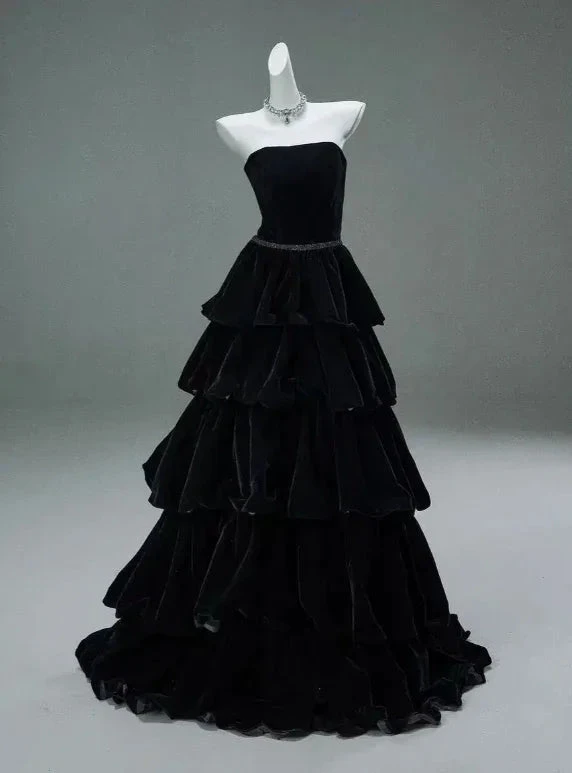 Elegant black tiered velvet evening gown on mannequin, ZAPDRESS fashion