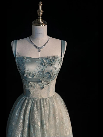 Vestido de fiesta largo de tul con encaje verde salvia, corte A, Y7544