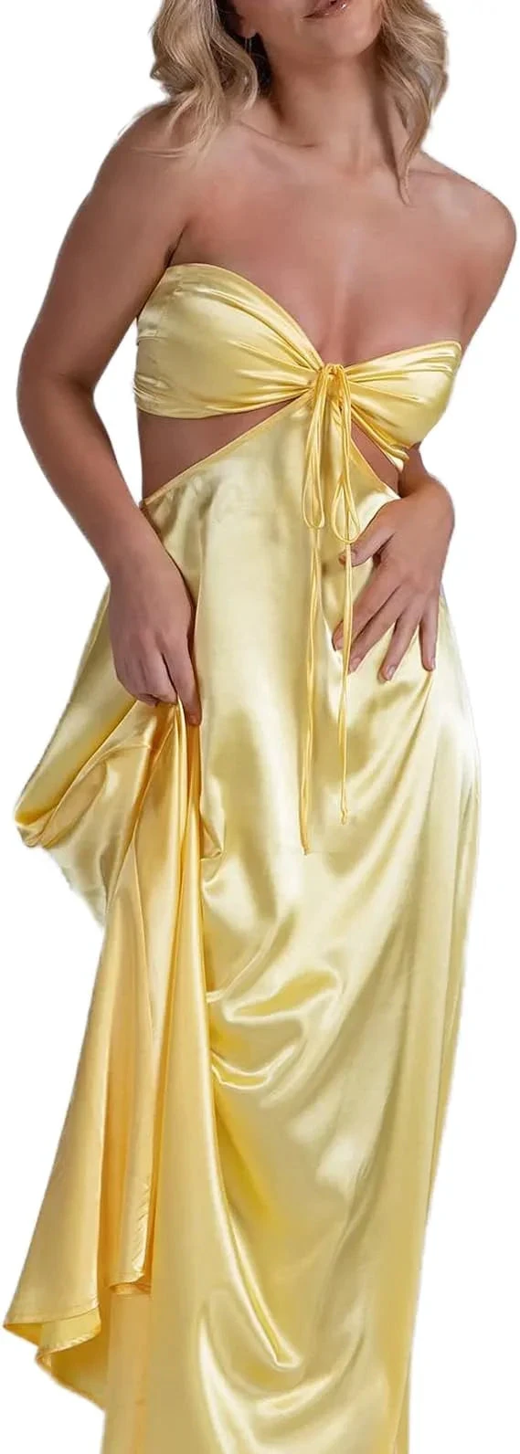 Women Wrap Chest Long Prom Dress Solid Color Hollow-Out Tie-Up Strapless Backless Cocktail Dress Party Sleeveless Dress Y4673 by simplepromdress
