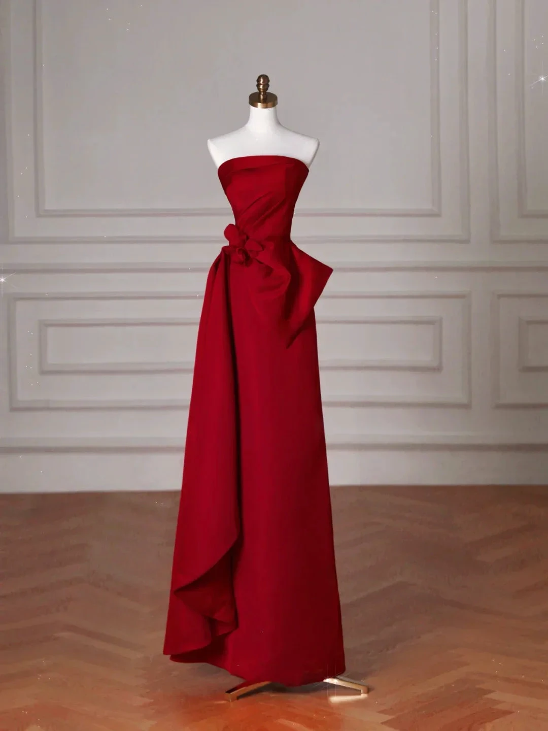 Elegant Red Satin Strapless Prom Dress A Line Formal Evening Dress Y8624 by simplepromdress