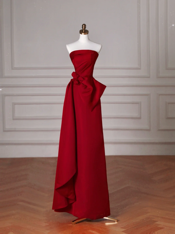 Elegant Red Satin Strapless Prom Dress A Line Formal Evening Dress Y8624
