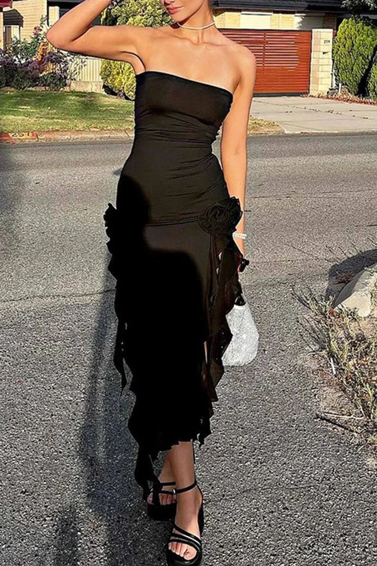 Black Sheath Ruffles Evening Dress Strapless Chiffon Prom Dress Y7765 by simplepromdress