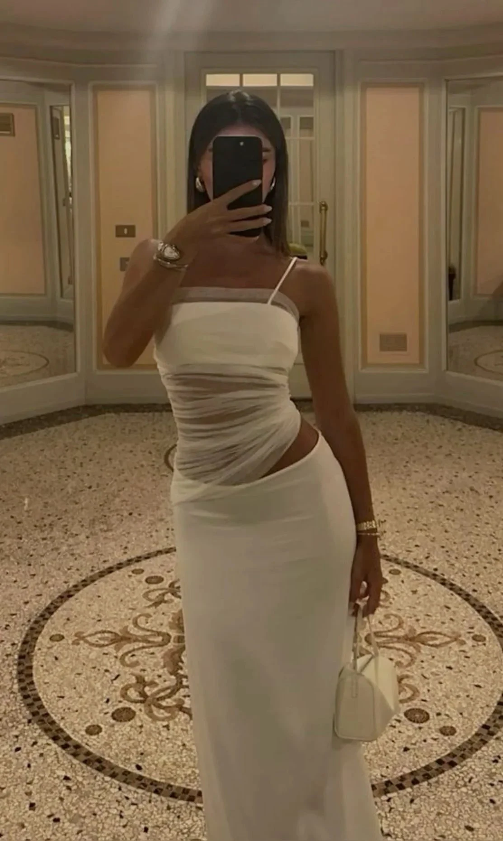 Woman in white ruched dress taking mirror selfie, holding small white handbag, ZAPDRESS fashion