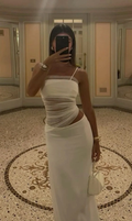 Woman in white ruched dress taking mirror selfie, holding small white handbag, ZAPDRESS fashion
