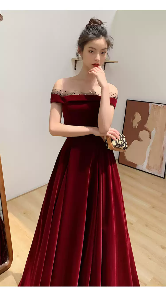 Burgundy Velvet Long Prom Dresses, A-Line Evening Dresses Y1173 Hover Image