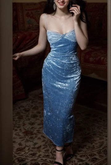 Elegant Blue velvet Prom Dress Spaghetti Straps Evening Dress Y8193 by simplepromdress