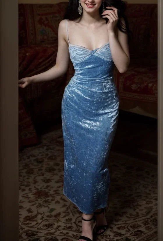 Elegant Blue velvet Prom Dress Spaghetti Straps Evening Dress Y8193 by simplepromdress