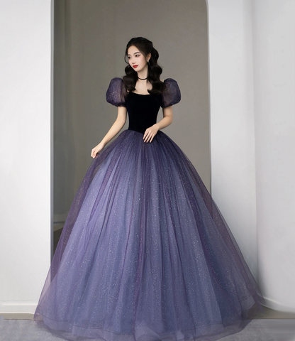 Vestido formal de tul morado de manga corta, bonito vestido de noche de corte A Y4291