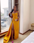 Sexy Yellow Mermaid Side Slit Prom Dress Evening Dress Formal Gowns Y7318 by simplepromdress