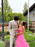 Elegant Open Back Layered Hot Pink Tulle Long Prom Dresses, Hot Pink Tulle Formal Graduation Evening Dresses Y2114 by simplepromdress