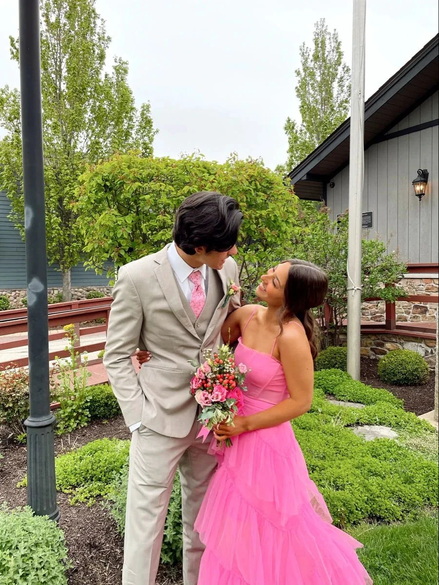 Elegant Open Back Layered Hot Pink Tulle Long Prom Dresses, Hot Pink Tulle Formal Graduation Evening Dresses Y2114 by simplepromdress