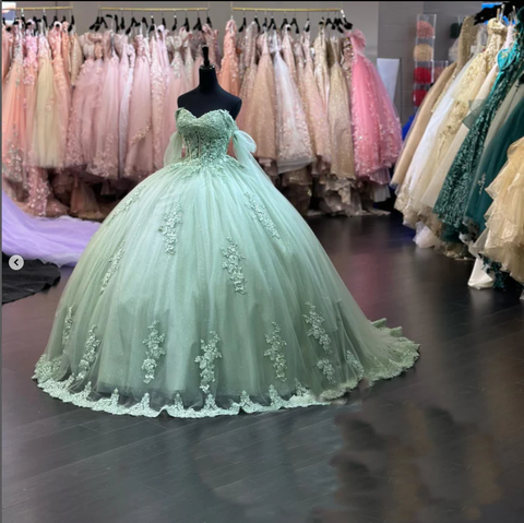 Vestido de quinceañera verde salvia con encaje y hombros descubiertos para fiesta de cumpleaños de 16 años, vestido de baile verde salvia, Y2421