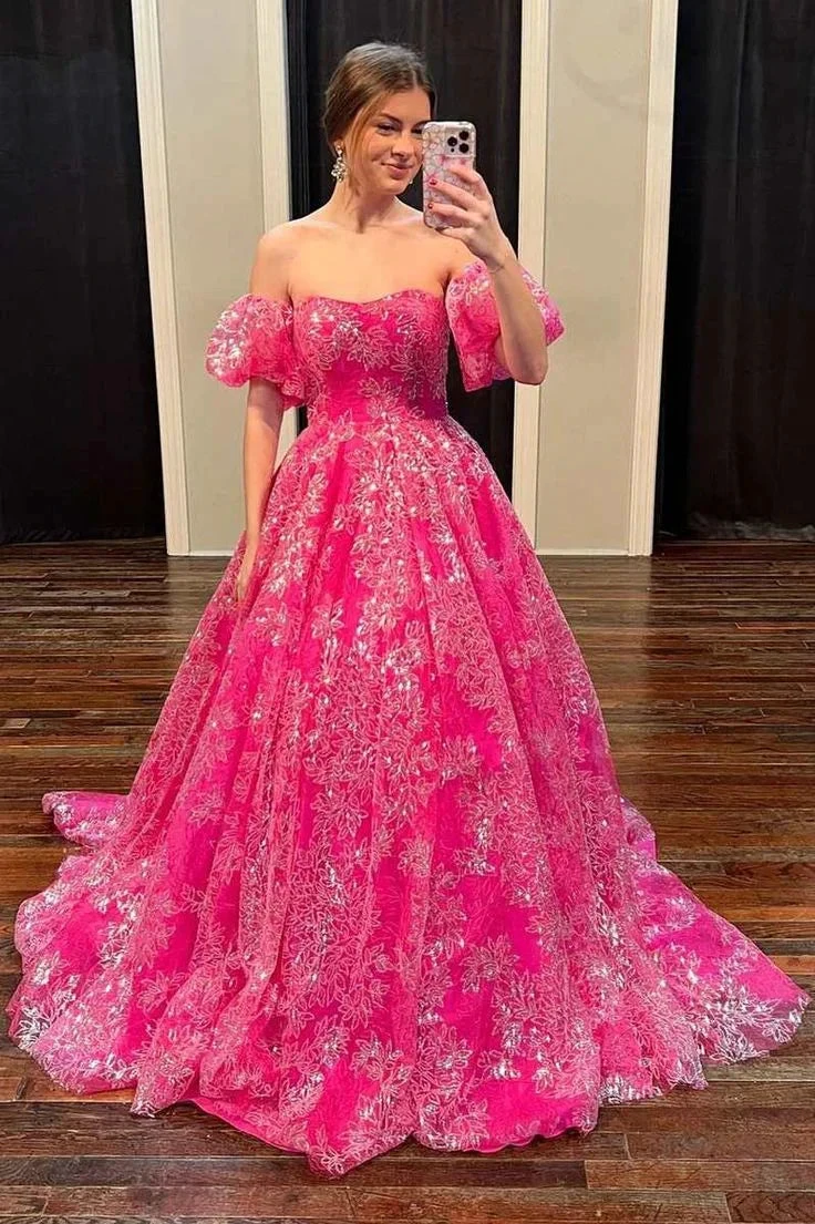 Hot Pink Floral Lace Strapless Ball Gown with Puff Sleeves Y5981 by simplepromdress