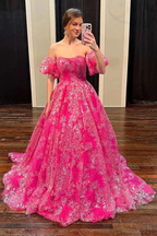 Hot Pink Floral Lace Strapless Ball Gown with Puff Sleeves Y5981 by simplepromdress