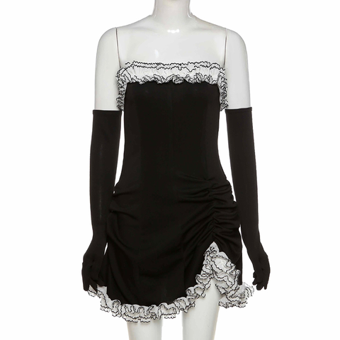 Black Party Tube Skirt Irregular White Ruffle Bandage Dress Black Homecoming Dress Y2617