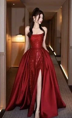 Pretty Mermaid Strapless Neckline Red Sequin Long Evening Dress Prom Dress Y8275 by simplepromdress